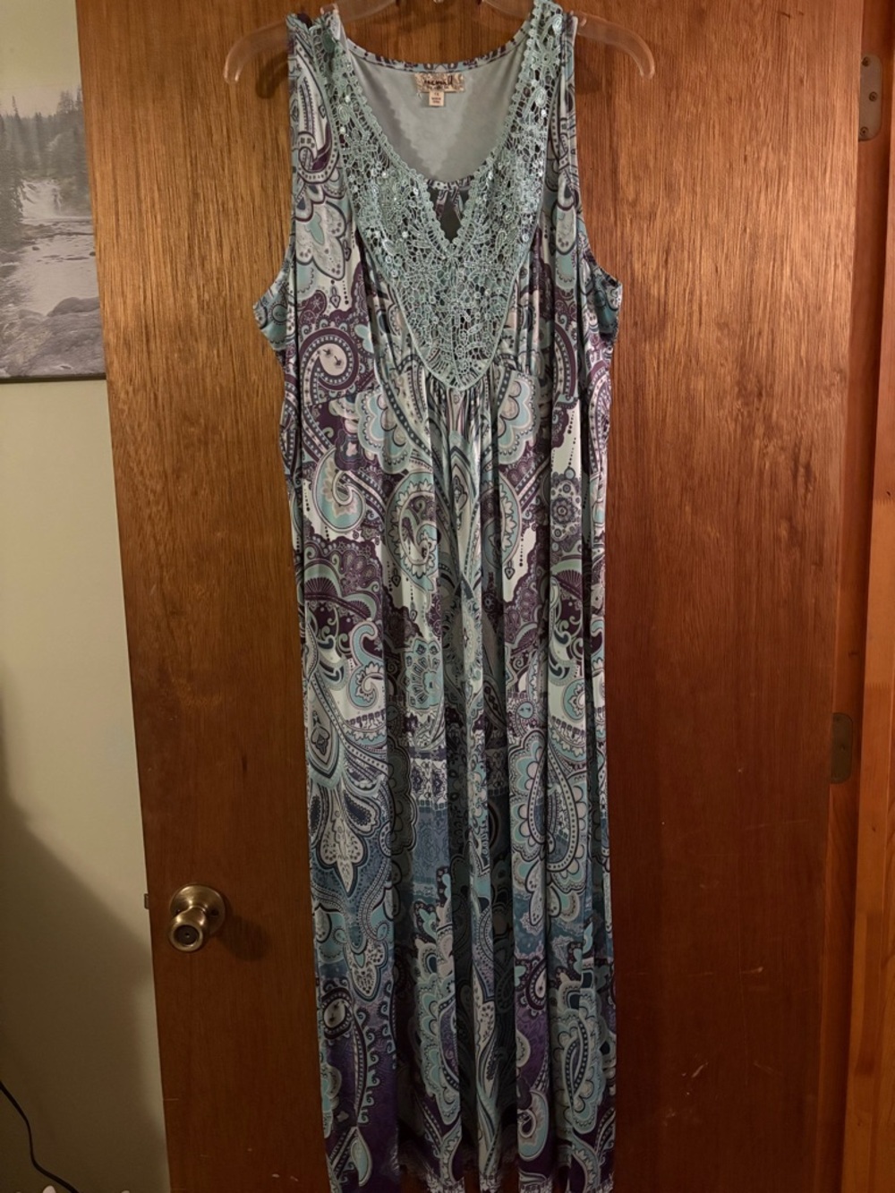 ONE WORLD Mint Green and Purple Paisley Maxi Dress with Crochet Yoke